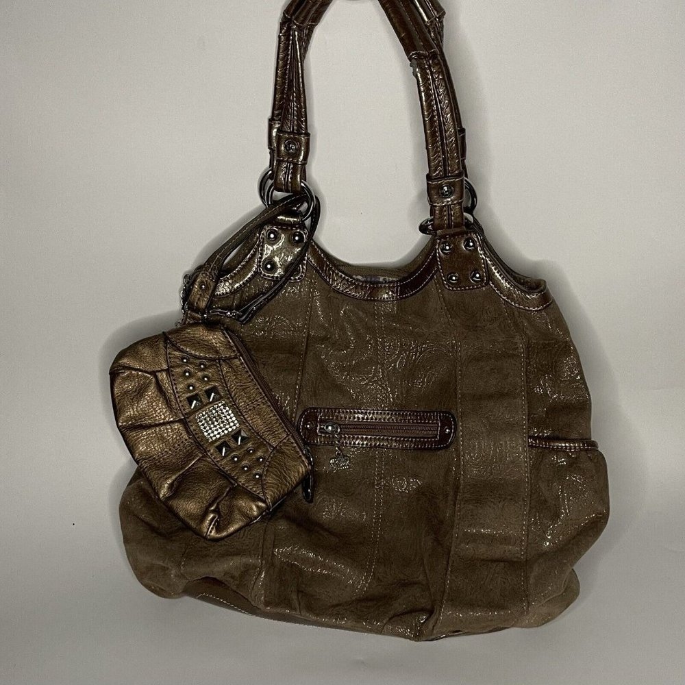 Kathy Van Zeeland 2pc BIG Hobo Purse Handbag w Wristlet Tan Silver Metallic 13"h